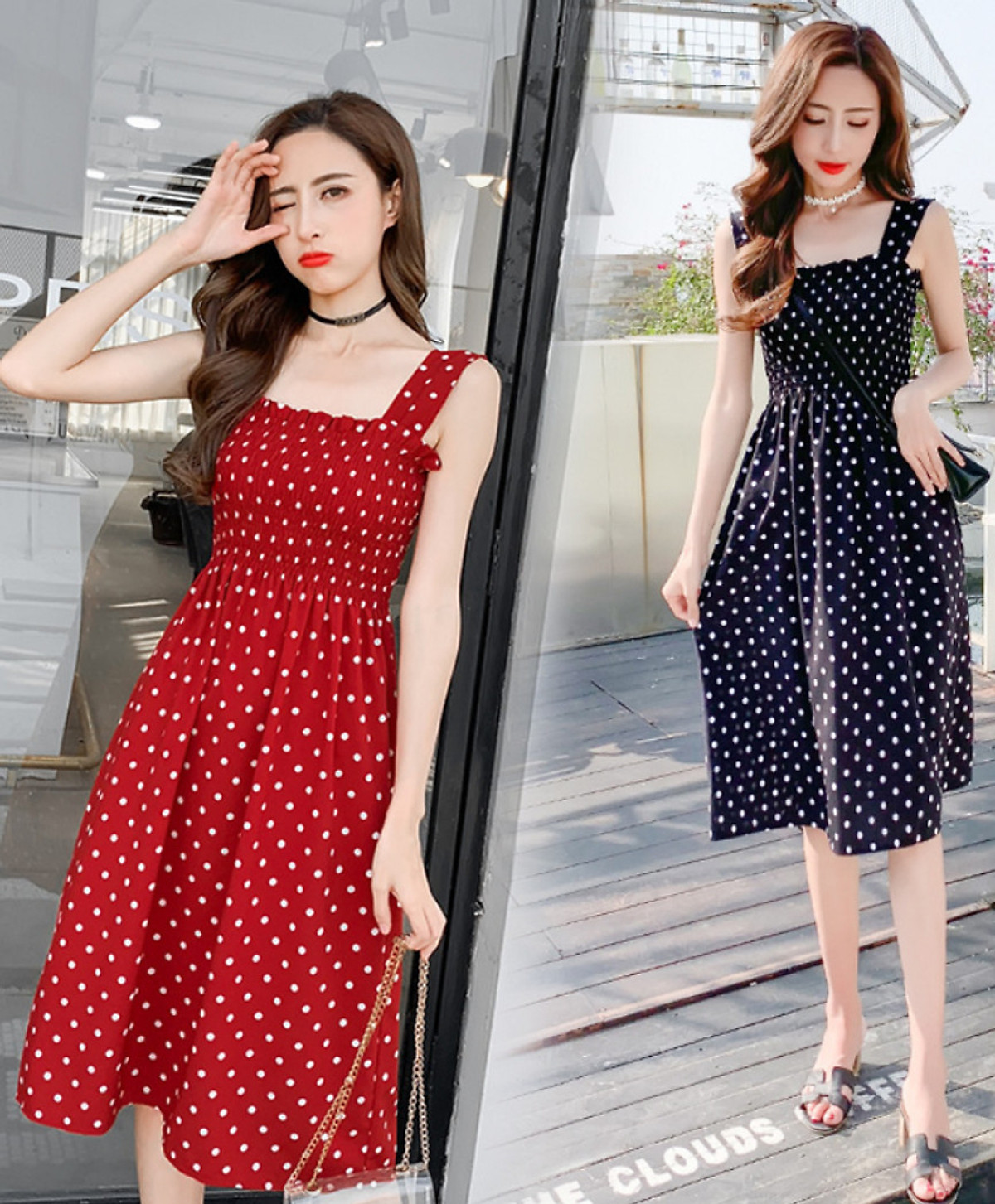 Đầm Hai Dây Chấm Bi Nhún Ngực Dễ Thương DN060 MayHomes