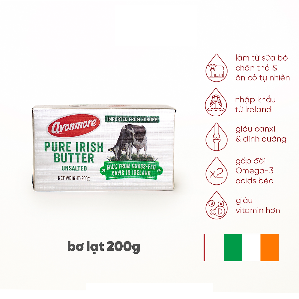 Bơ Lạt Avonmore Pure Irish Butter Unsalted 200g Bơ, magarine