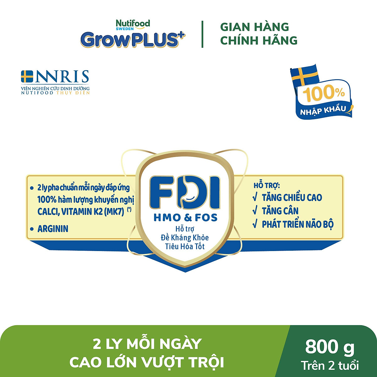 Sữa bột Nutifood GrowPLUS+ Cao Lớn Vượt Trội trên 2 tuổi Lon 800g