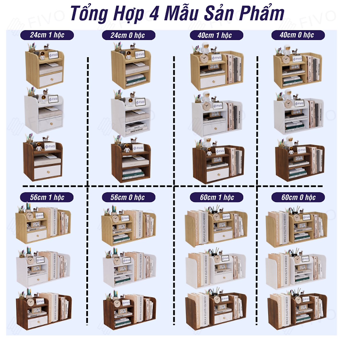 Kệ Sách Gỗ Đẹp Để Bàn FIVO FB26 Cao Cấp Màu Gỗ Và Walnut, Có Hộc, Tiết Kiệm Diện Tích, Bo Góc Thẩm Mĩ