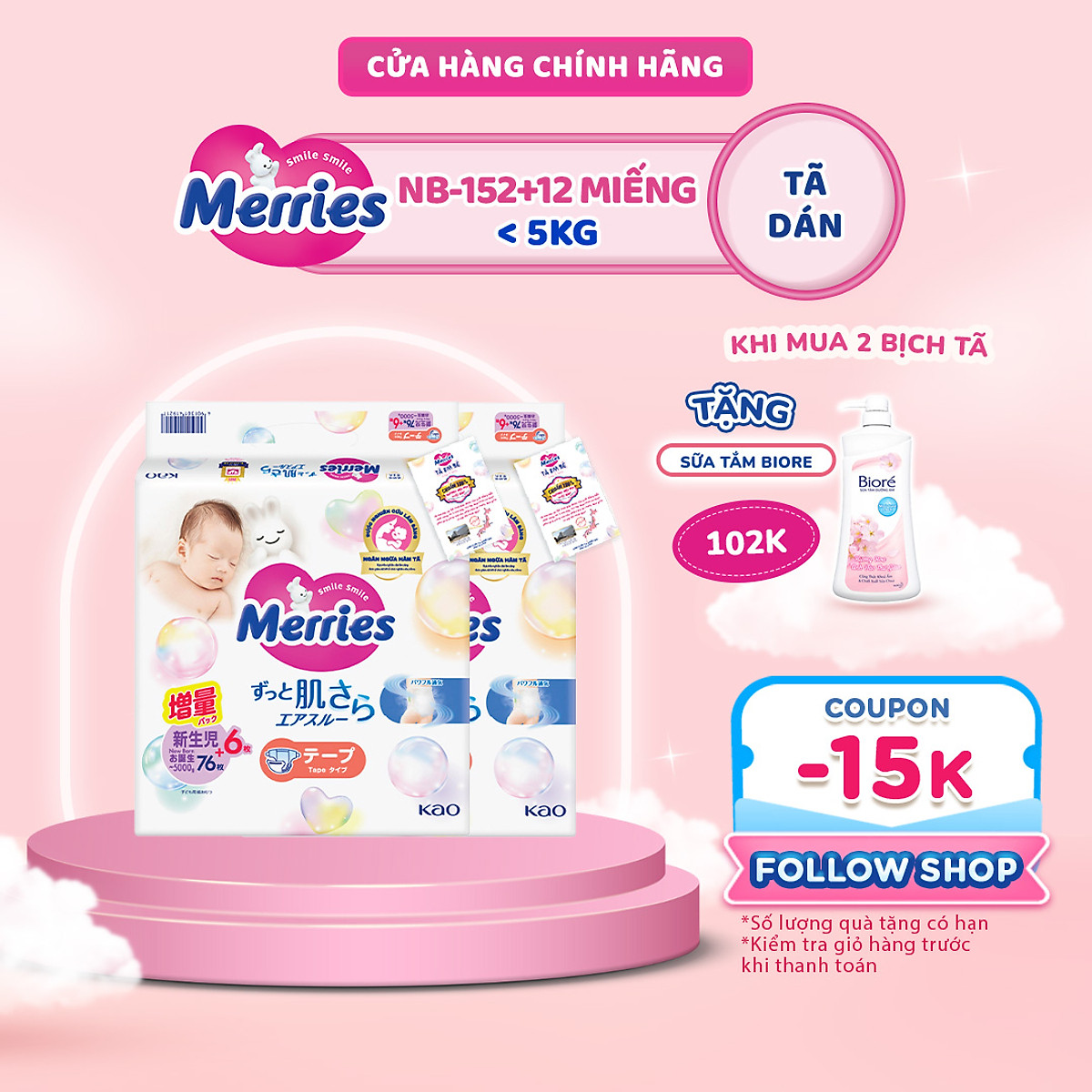 Thùng 2 Tã/bỉm dán Merries cộng miếng đủ size NB82/S76/M60