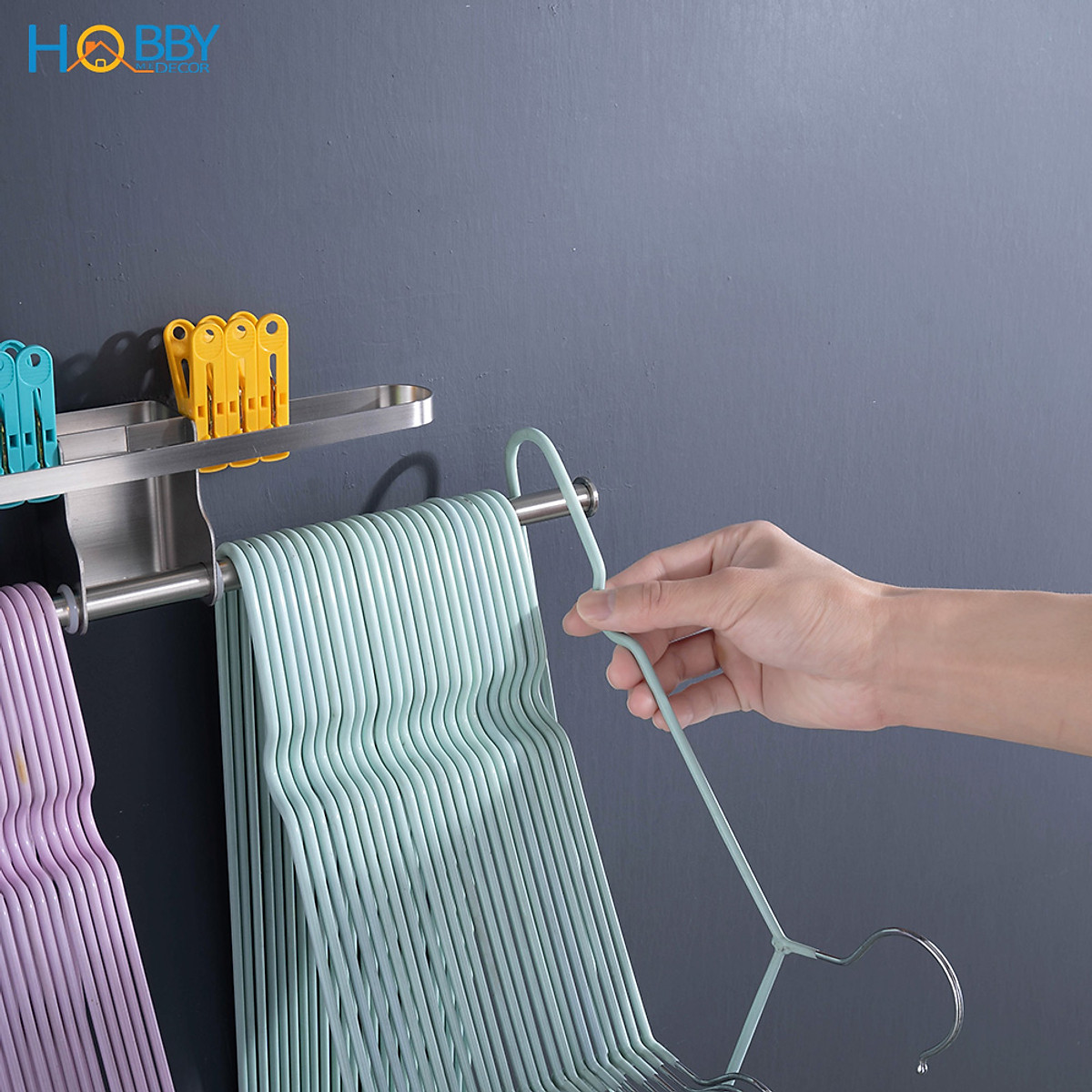 Giá treo móc kẹp phơi quần áo cho gọn 2 tầng HOBBY GPM4 dán tường gạch men - 2 có kích thước tùy chọn và có keo dán sealant