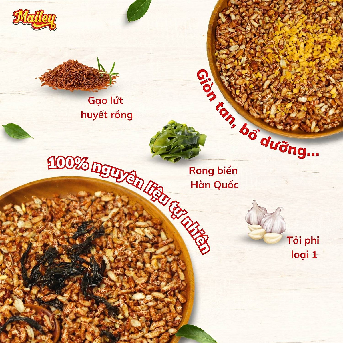 Gạo lứt giảm cân ăn liền Mailey - gạo lứt sấy rong biển/ cháy tỏi ăn kiêng healthy