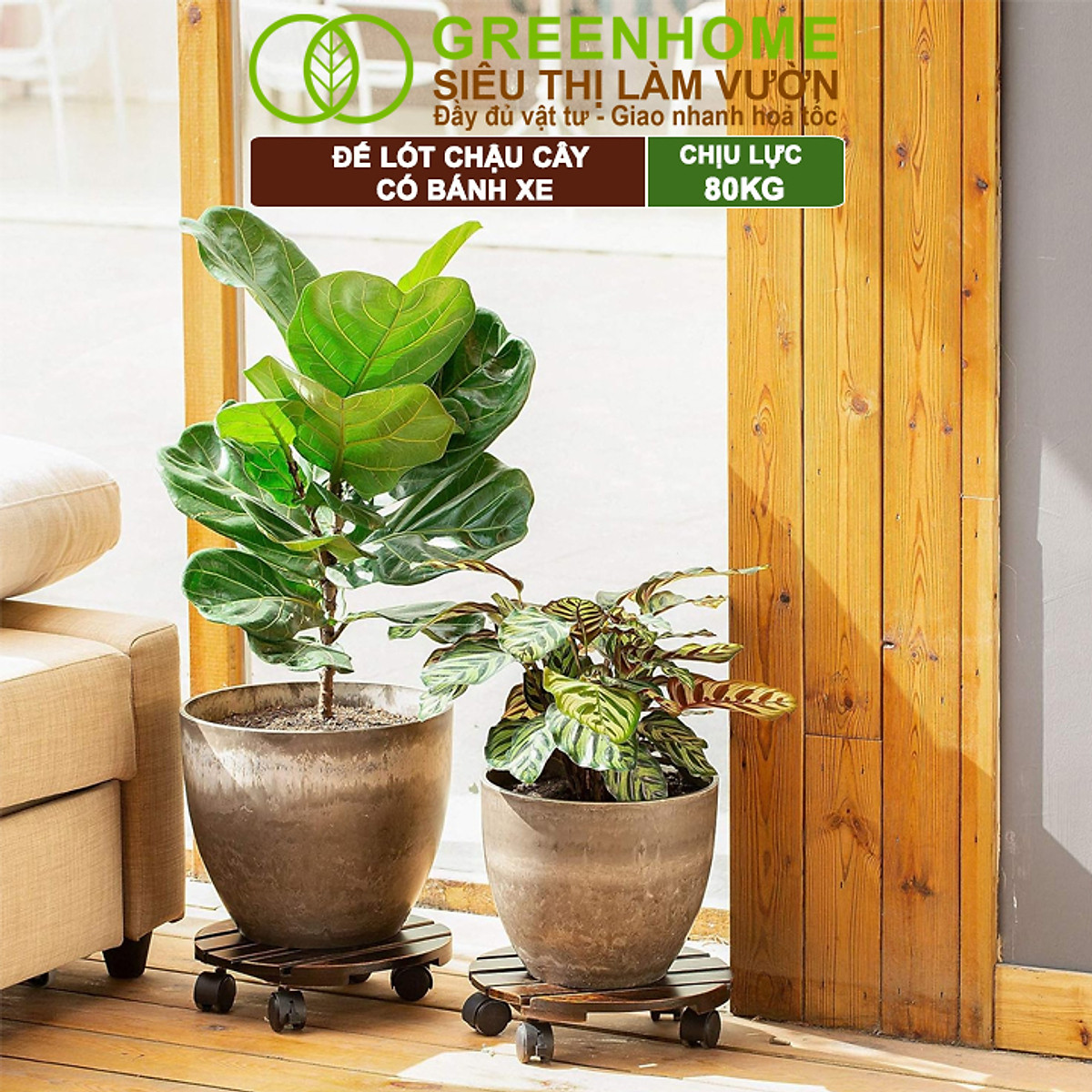 Đế Lót Chậu Cây Greenhome, R30xc8cm, Bằng Gỗ Có Bánh Xe, Thân Thiện Môi Trường, Tiện Lợi, Di Chuyển Chậu Nặng Dễ Dàng