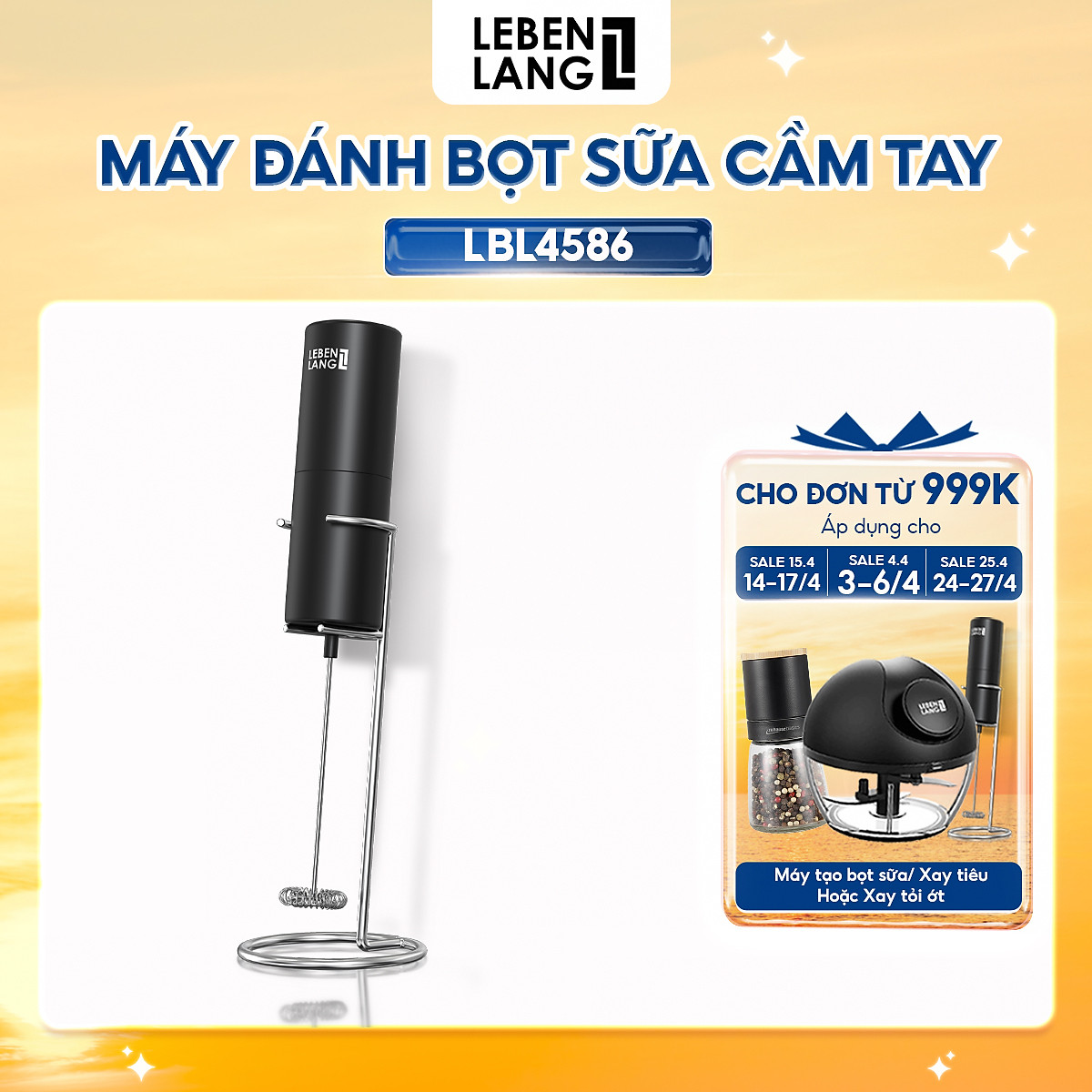 Máy đánh bọt cầm tay Lebenlang LBL4586, chạy bằng PIN 2A tiện lợi, công suất 10W – hàng chính hãng