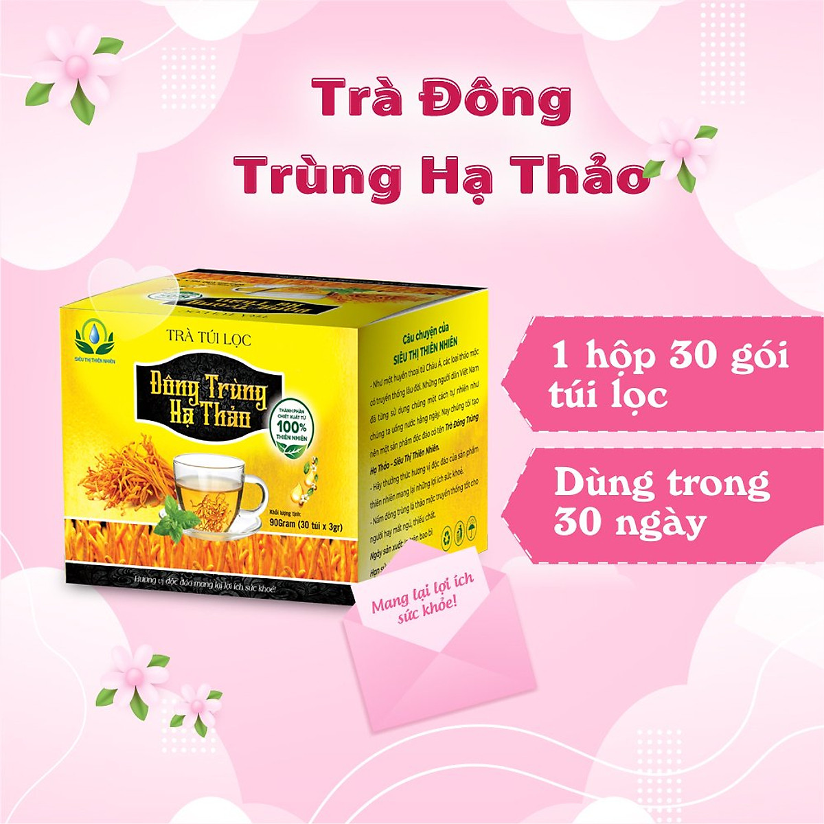 Trà Đông Trùng Hạ Thảo hộp 30 Túi Lọc x 3Gram giúp tăng cường miễn dịch, bổ thận của Siêu Thị Thiên Nhiên