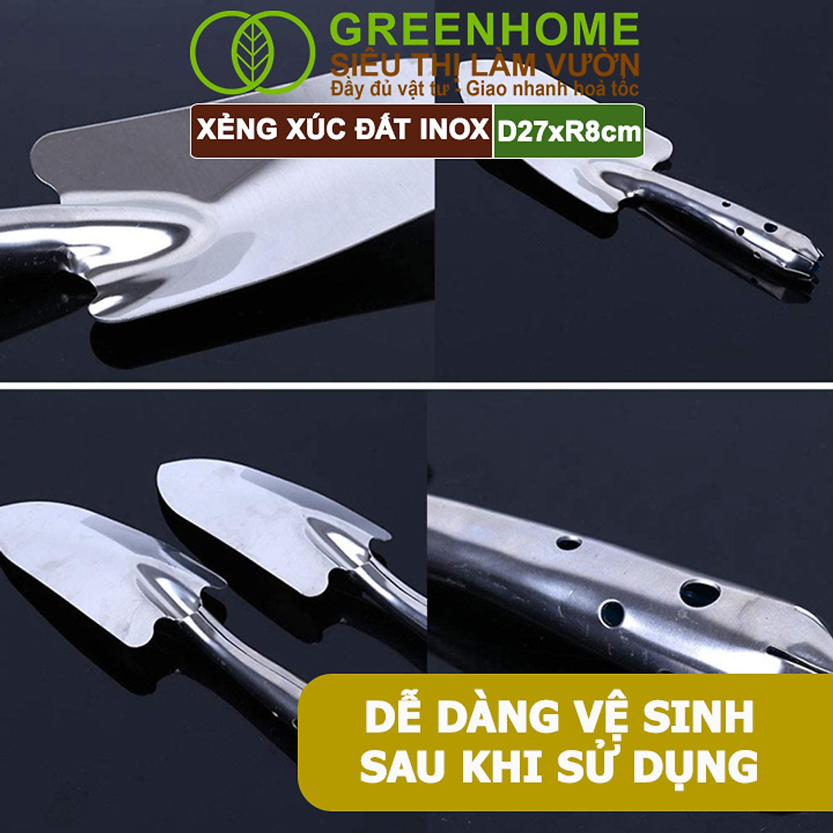 Xẻng Xúc Đất Greenhome, D27xR8cm, Dụng Cụ Làm Vườn, Hợp Kim Chống Rỉ, Siêu Bền, Dễ Vệ Sinh, Tiện Lợi