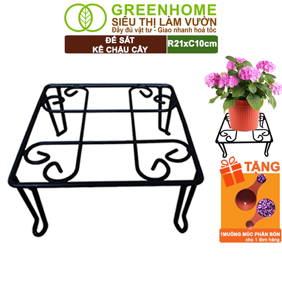 Đế Kê Chậu Cây Greenhome, R21xc10cm, Bằng Sắt Sơn Tĩnh Điện, Màu Đen, Uốn Mỹ Nghệ, Bền, Đẹp, Nhiều Hình Dạng Lựa Chọn