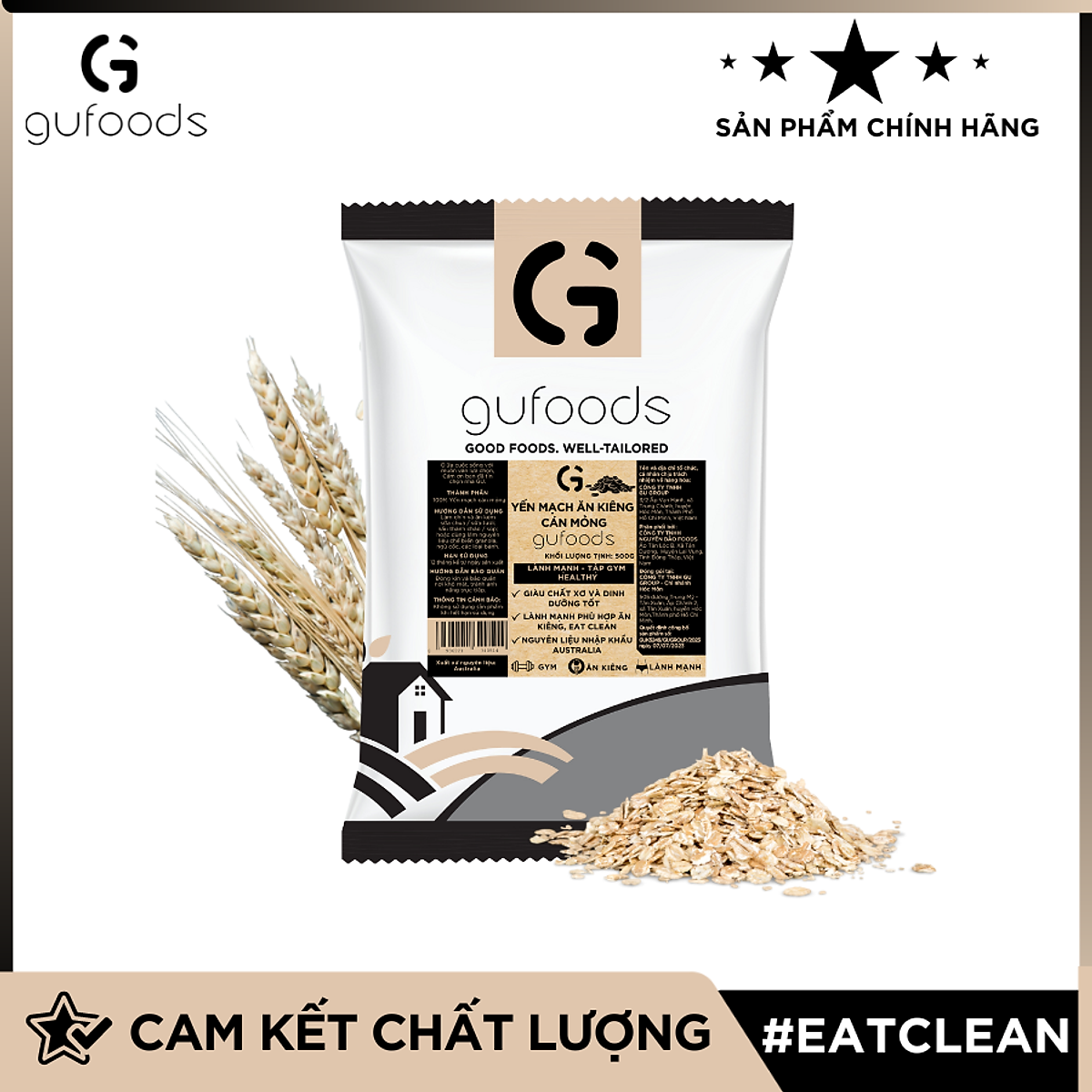 Yến mạch tươi cán mỏng (cán dẹt) GUfoods - Ăn kiêng, Giàu chất xơ, Hỗ trợ giảm cân, Tập gym, Eat clean