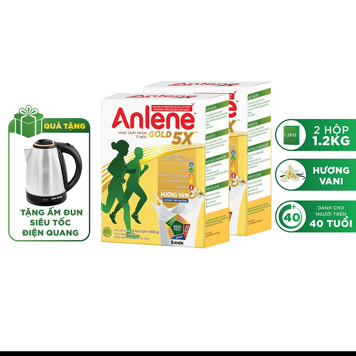 Combo 02 Sữa Bột Anlene Gold 5X Hương Vanilla (Hộp giấy 1200g) - Tặng ấm đun Điện Quang