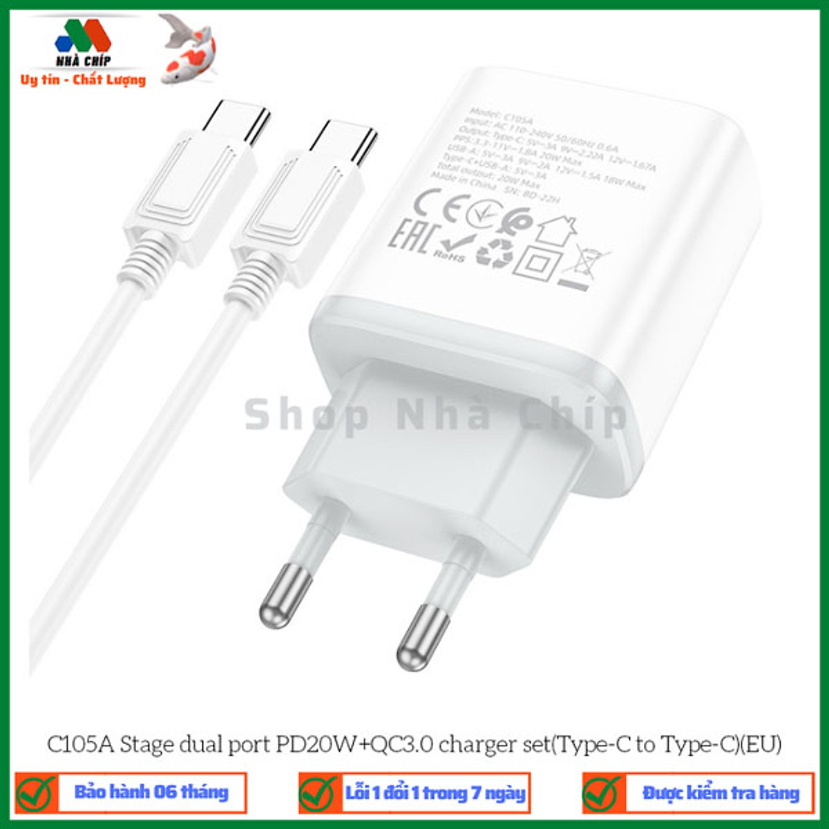Bộ sạc nhanh kèm cáp Hoco C105A Stage dual port PD20W+QC3.0 phích cắm EU - Hàng chính hãng