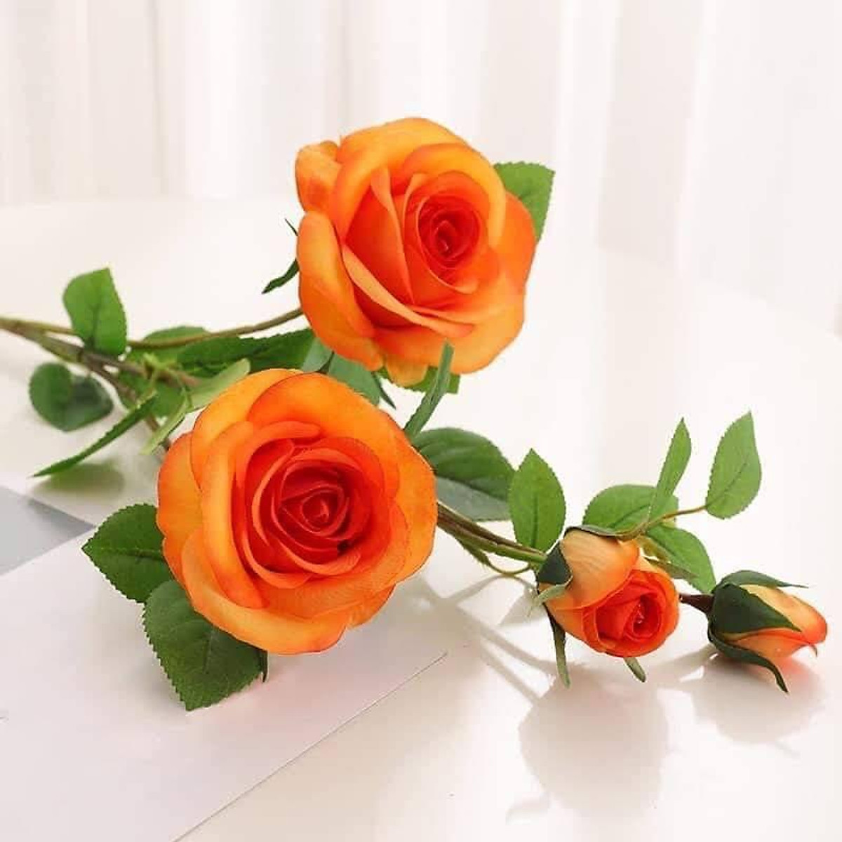 Hoa lụa cao cấp, cành 4 bông hoa hồng Pháp decor phòng khách ...