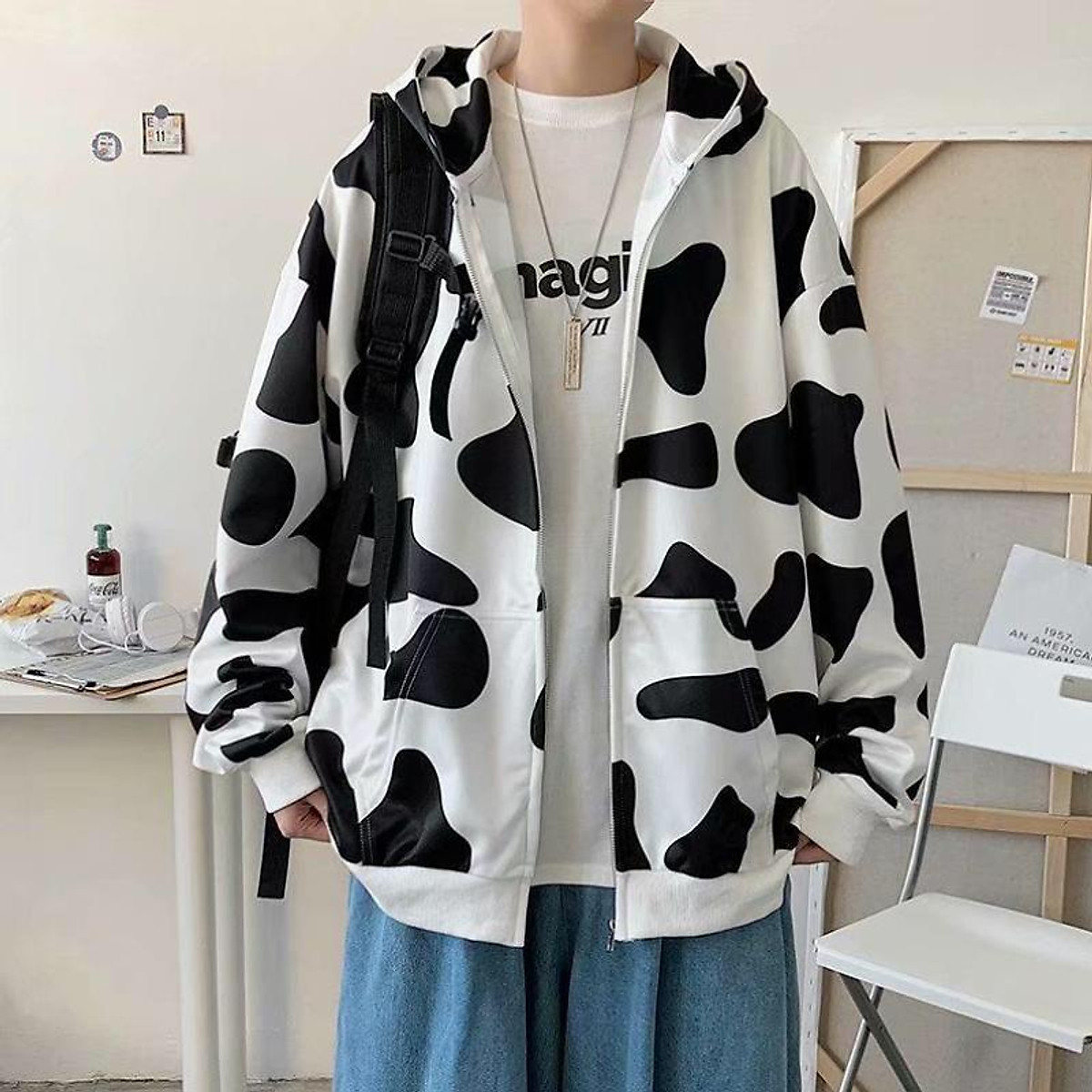 Áo Khoác Nỉ Bông - Áo Hoodie Khóa ZIP Bò Sữa Trắng Đen - Form Rộng Unisex Nam Nữ Ulzzang Kun