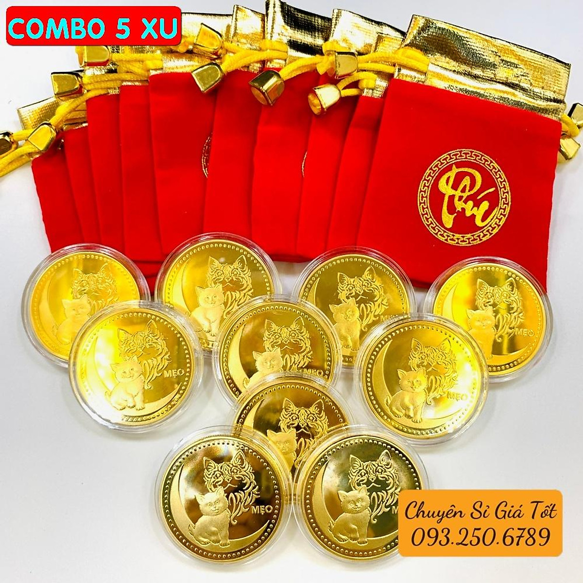GIÁ SỈ] Sỉ Combo 10 Đồng Tiền Xu Con Hình Mèo Mạ Vàng Kèm Túi gấm