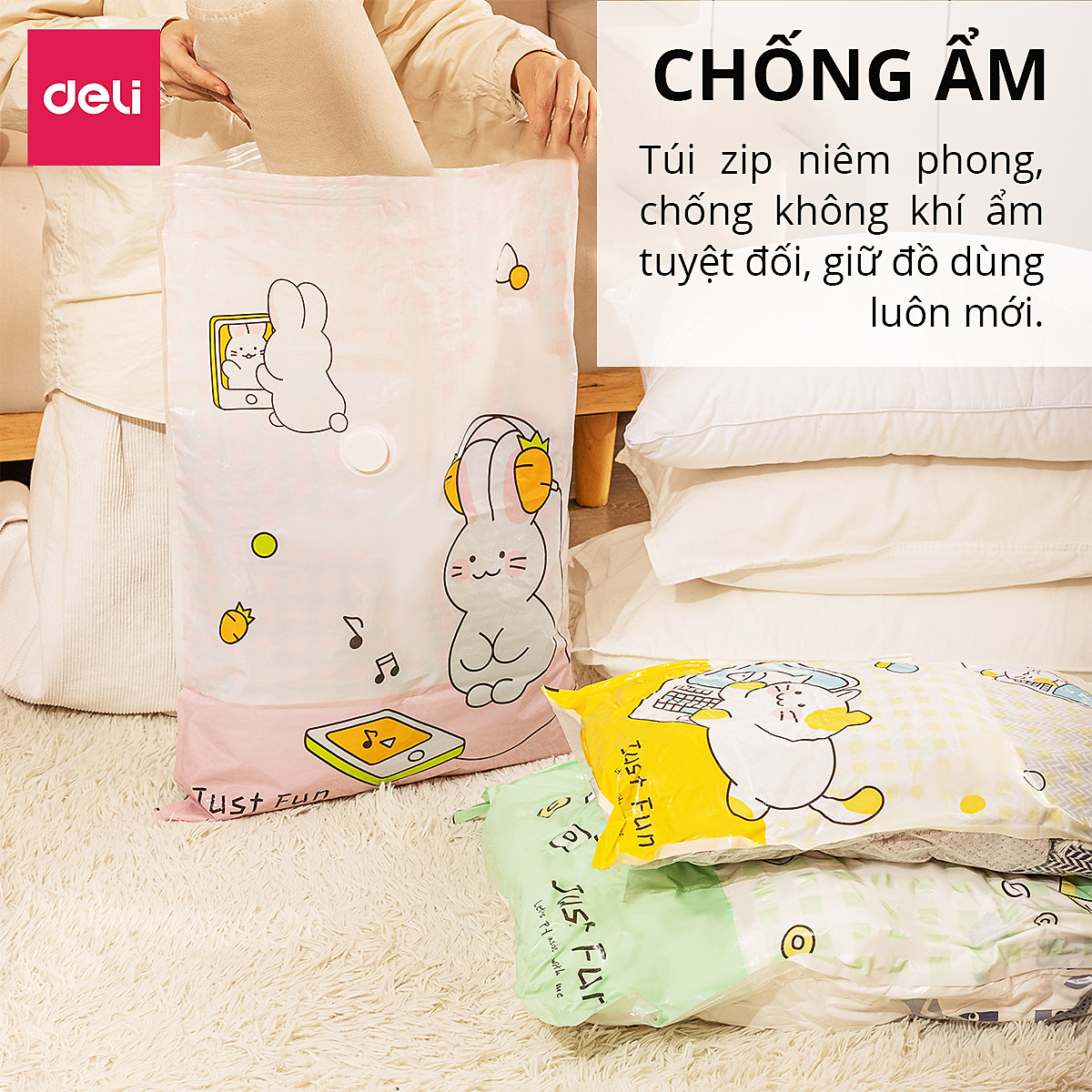 Túi Hút Chân Không Đựng Quần Áo Chăn Ga Gối , Thú Bông Deli - Loại Dày Cao Cấp Bọc Để Chăn Màn 2 Lớp Khóa Zip Chống Rò Rỉ Hơi Bảo Vệ Quần Áo, Chăn Ga Khỏi Ẩm, Nấm Mốc, Chống Nước Tuyệt Đối