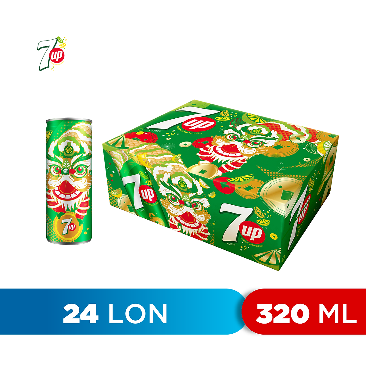 Thùng 24 Lon Nước Ngọt Có Gaz 7Up lon xanh (320ml/lon)