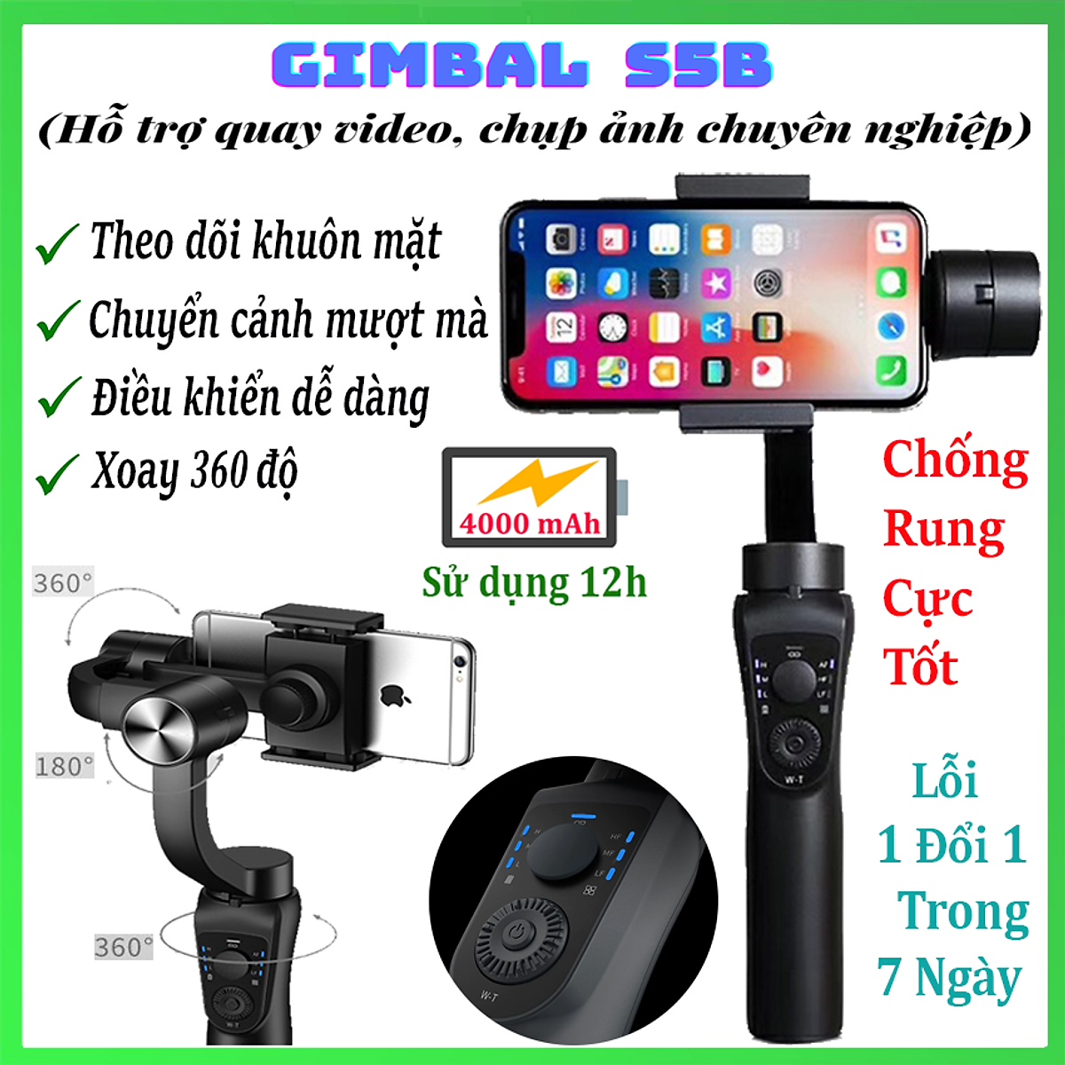 Tay cầm gimbal S5B chống rung 3 trục cho điện thoại đa chế độ quay phim, chụp ảnh tự động cân chỉnh, xoay 360 độ