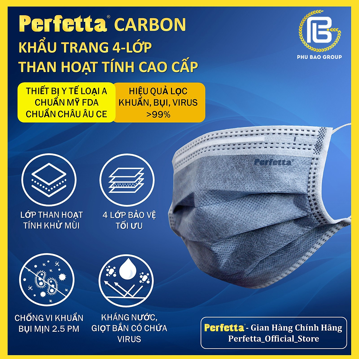 5 hộp khẩu trang 4 lớp Perfetta carbon than hoạt tính (40 cái/hộp) - Hàng chính hãng