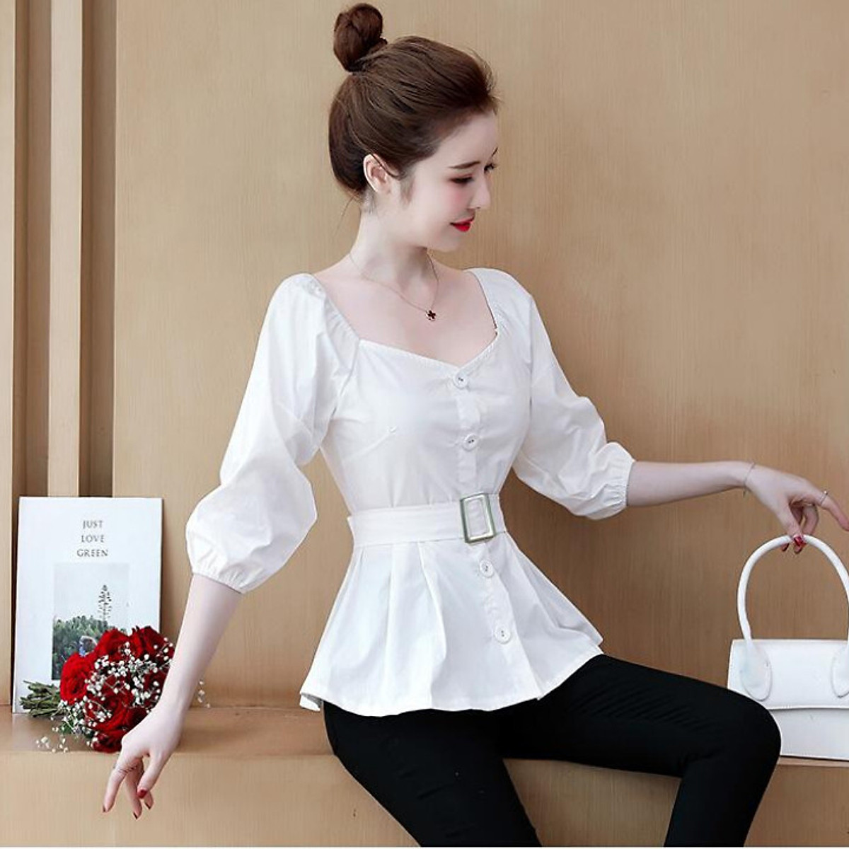 áo peplum nữ cổ vuông tim sang trọng - Áo kiểu Áo Peplum Nữ Cổ Vuông Tim Sang Trọng - Áo Kiểu