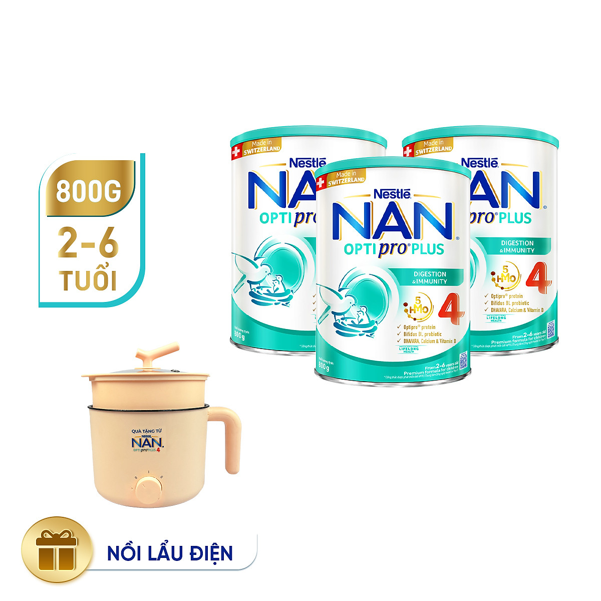 Bộ 3 lon Sữa bột NAN OPTIPRO PLUS 4 Nestle Bé 2-6 tuổi 800g/lon Giúp tiêu hóa tốt