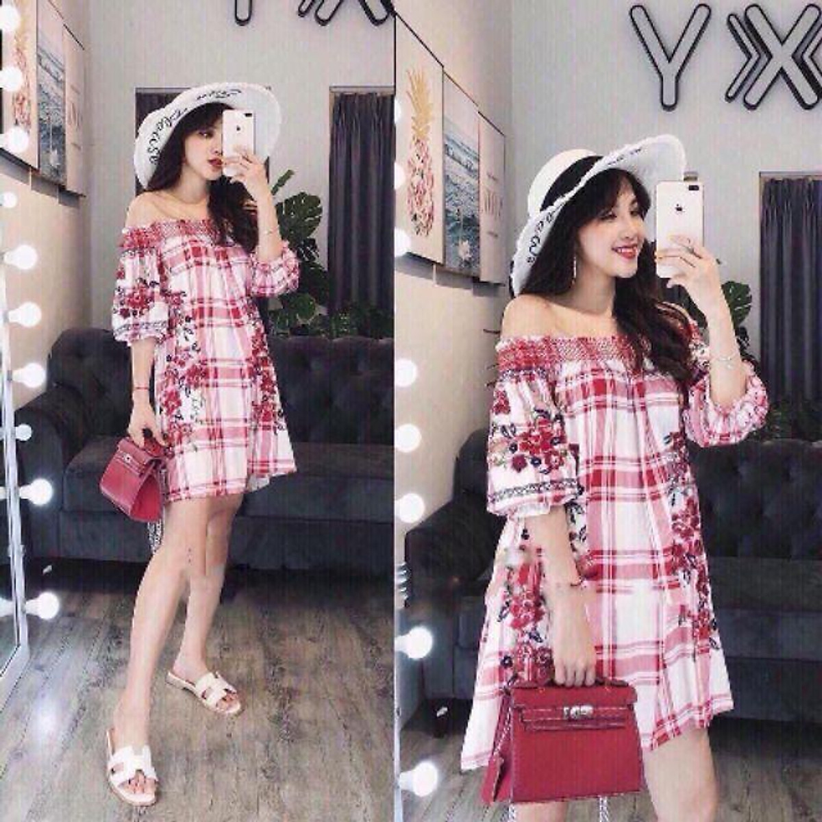 ĐẦM CARO BẸT VAI BABYDOLL THÊU HOA