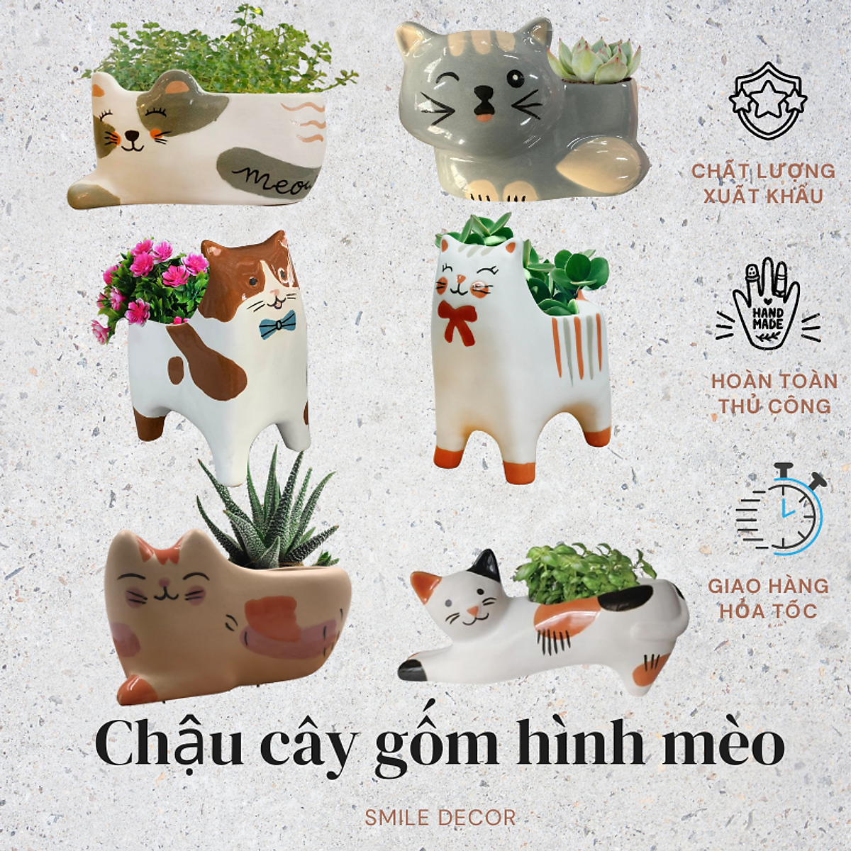 Chậu gốm trồng cây, cắm hoa hình Mèo dễ thương (hàng xuất khẩu)