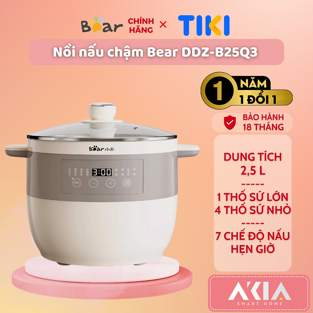 Nồi nấu chậm Bear DDZ-B25Q3 2.5L, kèm 1 thố sứ lớn, 4 thố sứ nhỏ, 7 chế độ nấu ăn, hẹn giờ, BH 18 tháng - HÀNG CHÍNH HÃNG