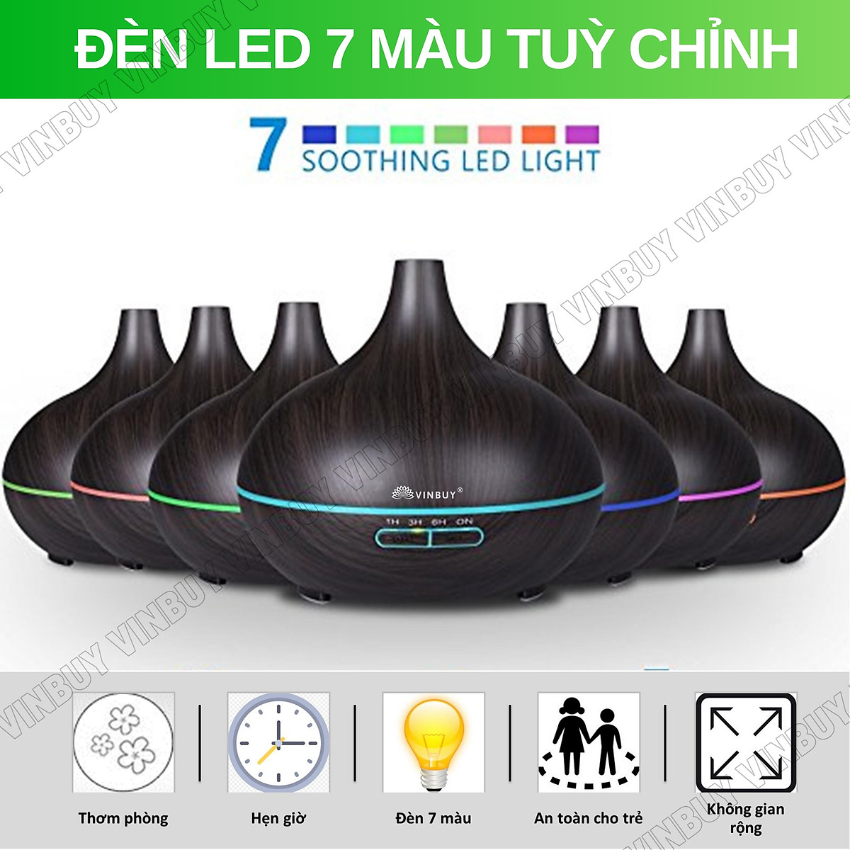 Máy xông tinh dầu VINBUY bầu tiên, máy phun sương tạo ẩm, máy xông tinh dầu phòng ngủ, spa, tự động, chuyên dụng phòng lớn led 07 màu - Hàng chính hãng