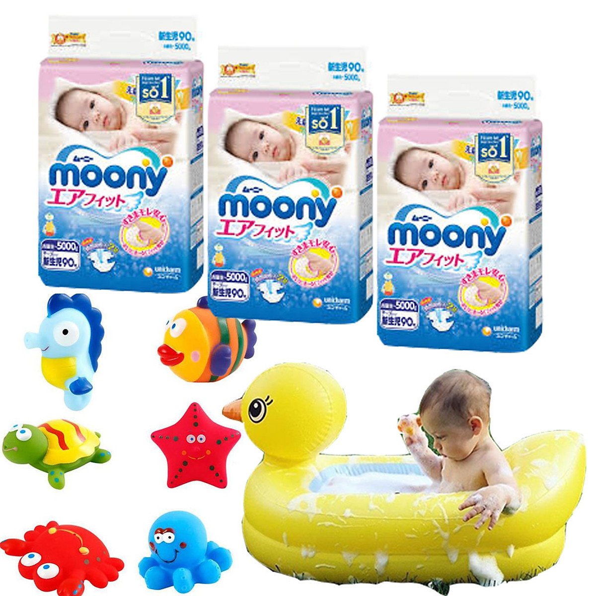 Combo 3 gói tã dán Moony cao cấp size NB90/S84/M64/XL44 tặng đồ chơi tắm Toys House và chậu tắm phao vịt vàng