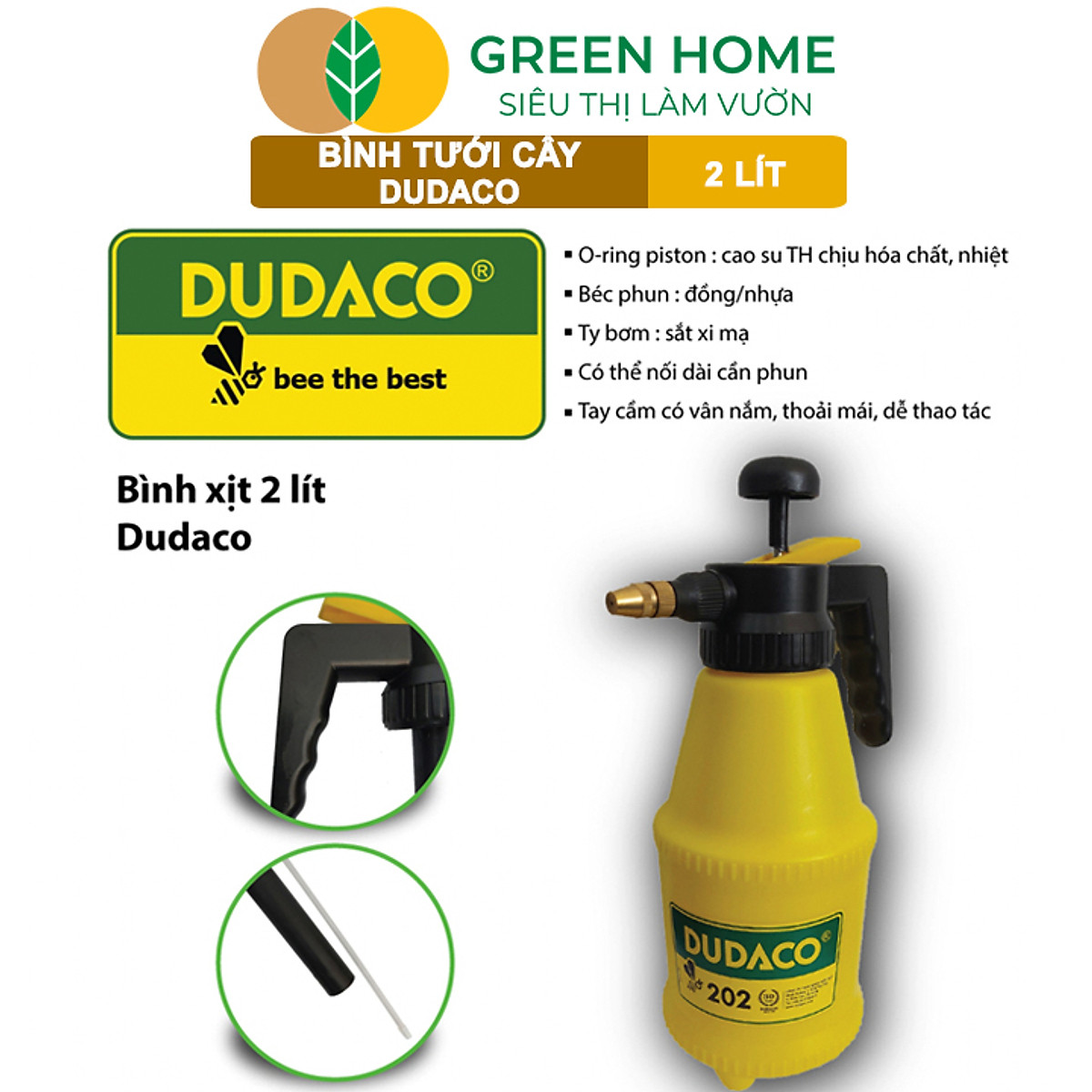 Bình Tưới Cây GreenHome, Dudaco, 2 Lít, Thân Bình Dày, Phun Xa 2 Chế Độ, Bơm Nhẹ Tay, Bình Tưới Cây Phun Sương, Bền, Đẹp