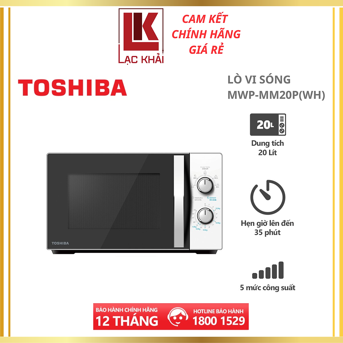 Lò vi sóng Toshiba MWP-MM20P(WH) - Dung tích 20 lít, 5 mức công suất, Kết hợp chống thấm 3 lớp, Kháng khuẩn bên trong lò - Hàng chính hãng - Bảo hành 12 tháng, chất lượng Nhật Bản