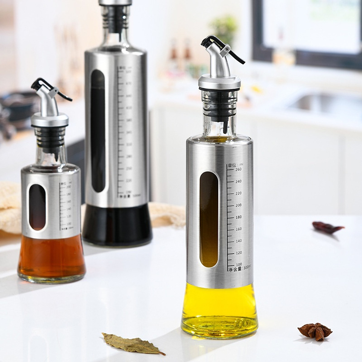 Chai Đựng Dầu Ăn Nước Mắm, Bình Thủy Tinh Bọc Inox Cao Cấp Chai Đựng Gia Vị Thủy Tinh Bọc Inox 304,Bình Rót Dầu Ăn, Nước Tương, Nước Mắm 200/300/500ml