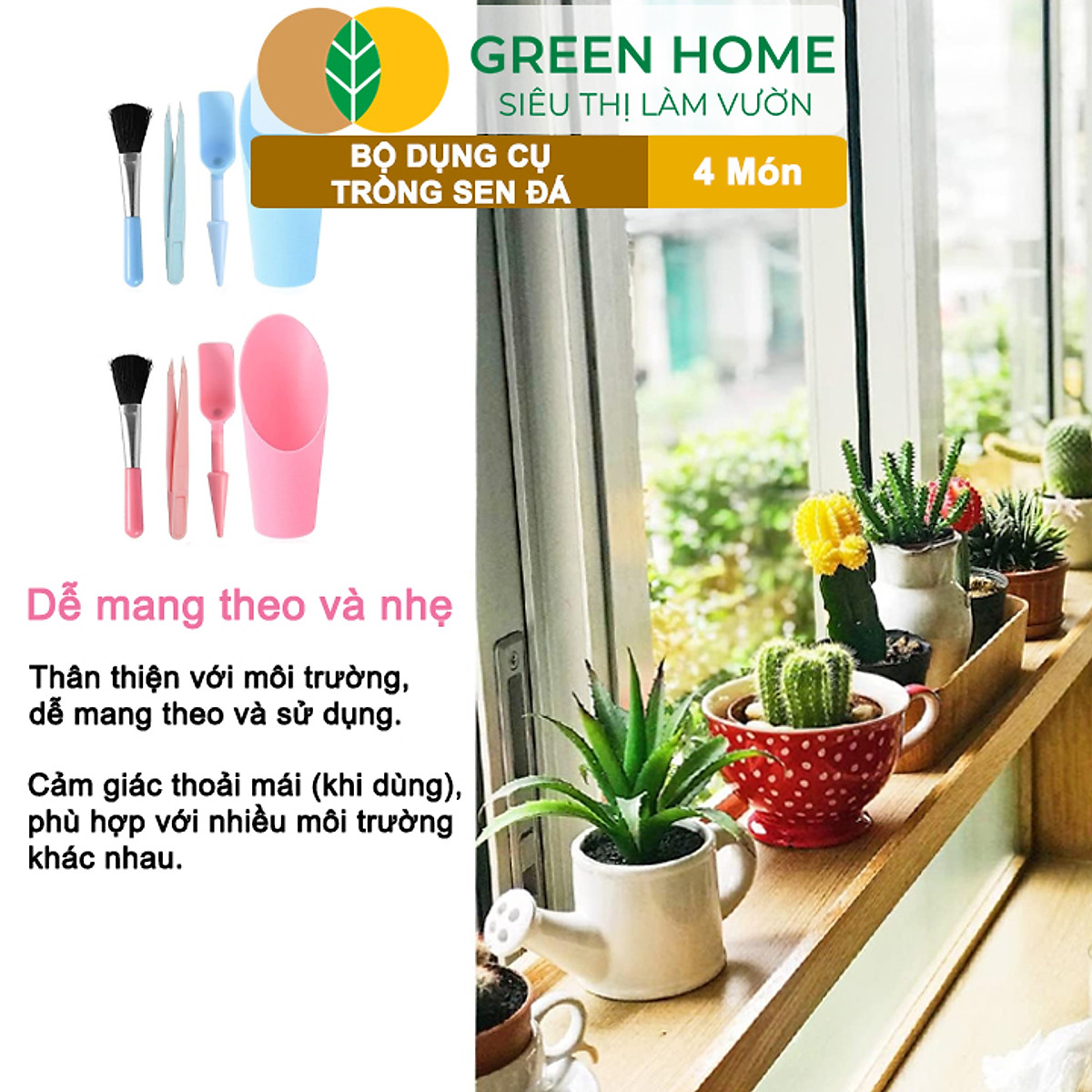 Dụng Cụ Làm Vườn GreenHome, Mini 4 Món, Chuyên Trồng Sen Đá, Xương Rồng, Tiểu Cảnh Mini, Màu Ngẫu Nhiên