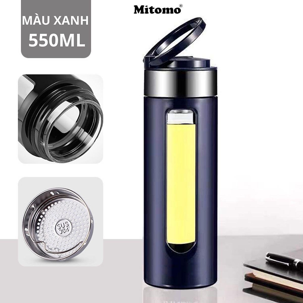 Bình pha trà, bình pha cà phê thủy tinh 2 lóp cao cấp Mitomo BGH-0509, 550ml có lõi lọc trà inox 304 - Hàng chính hãng