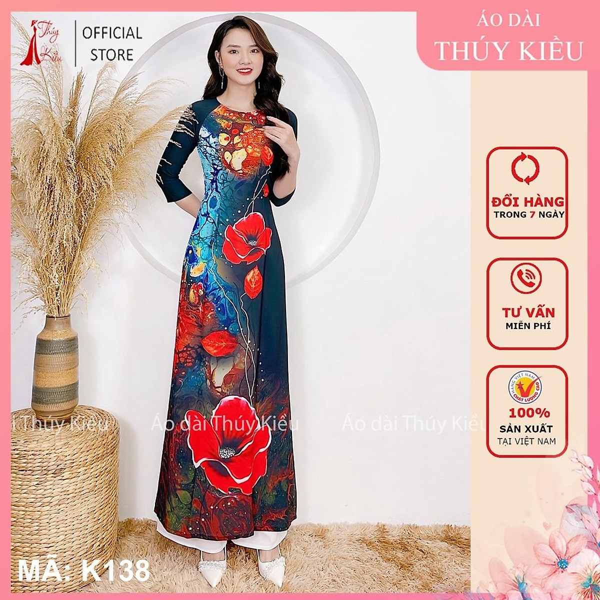 Áo dài nữ may sẵn thiết kế nền hoa đỏ đẹp cách tân tết K138 Thúy