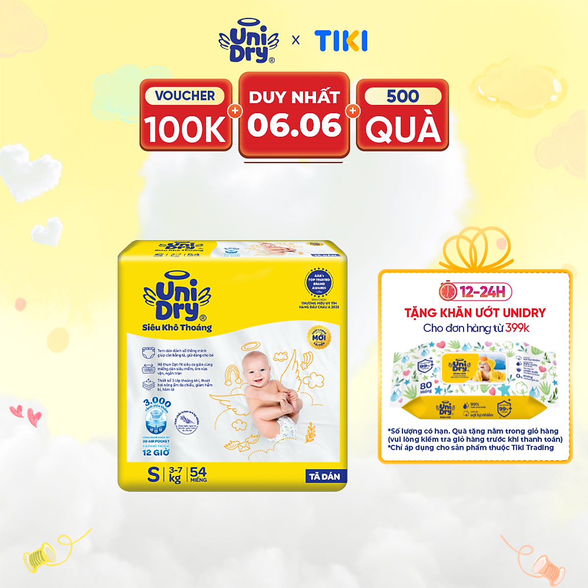 Tã dán em bé Siêu khô thoáng gói Jumbo Unidry G6X size S-54 miếng