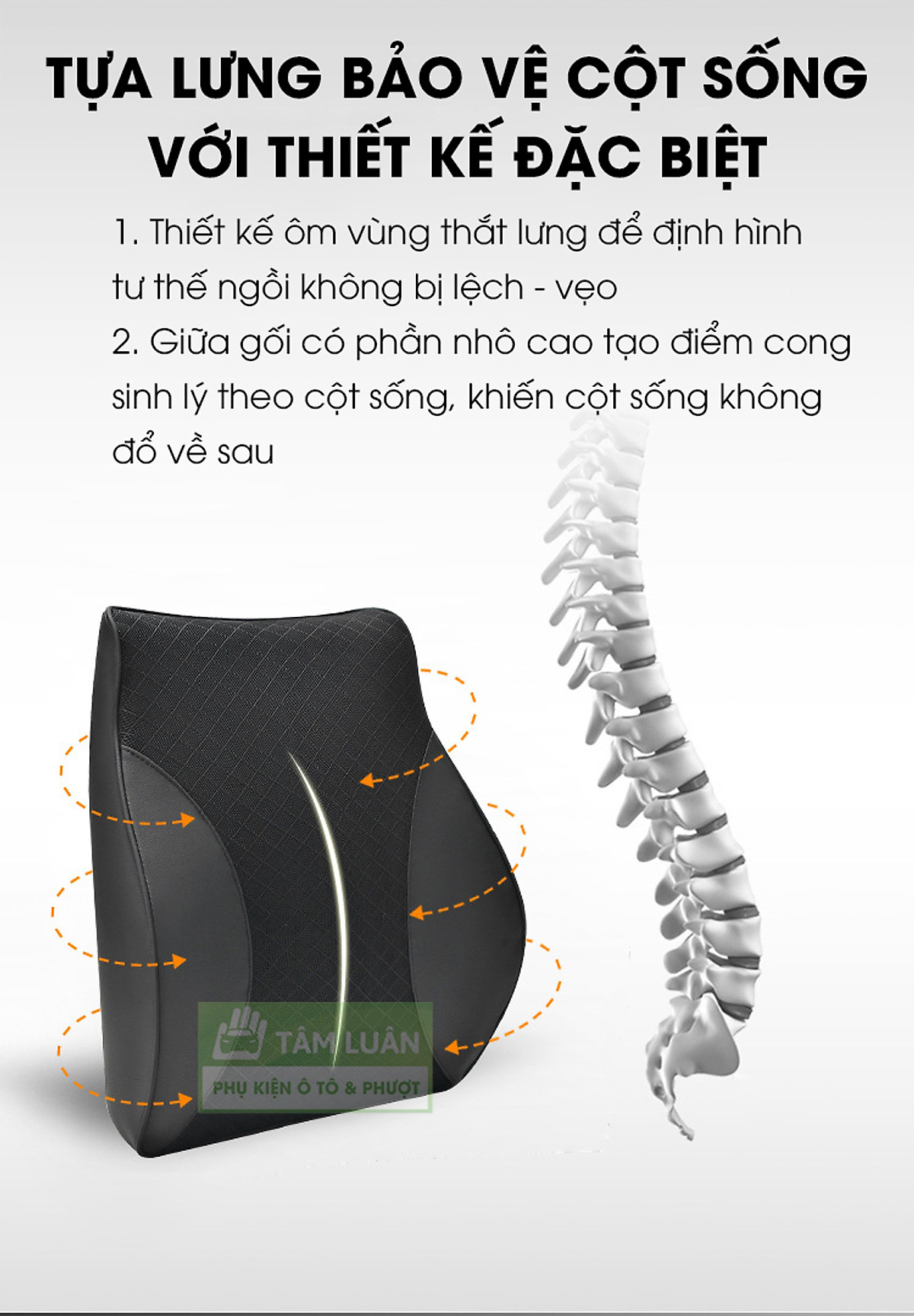 Đệm tựa lưng ghế văn phòng, gối cao su non tựa lưng ô tô Tâm Luân - Vỏ gối tựa lưng da kết hợp lưới siêu thoáng, sang trọng, gối tựa lưng văn phòng