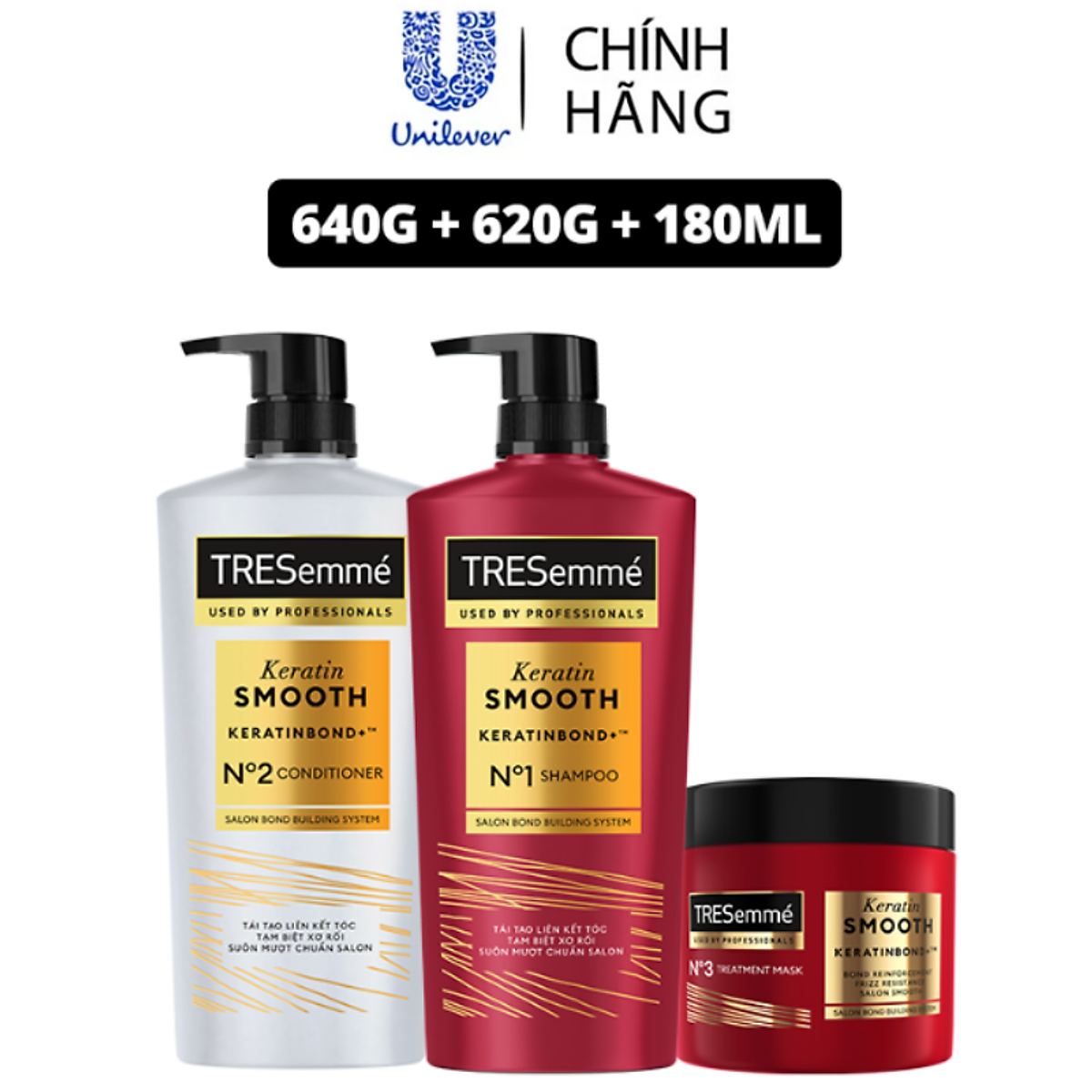 Combo Dầu gội, Dầu xả & Kem ủ TRESEMME Keratin Smooth Dưỡng tóc vào nếp suôn mượt vào nếp suôn mượt Công thức chuẩn salon Hydrolyzed Keratin 640g, 620g, 180ml