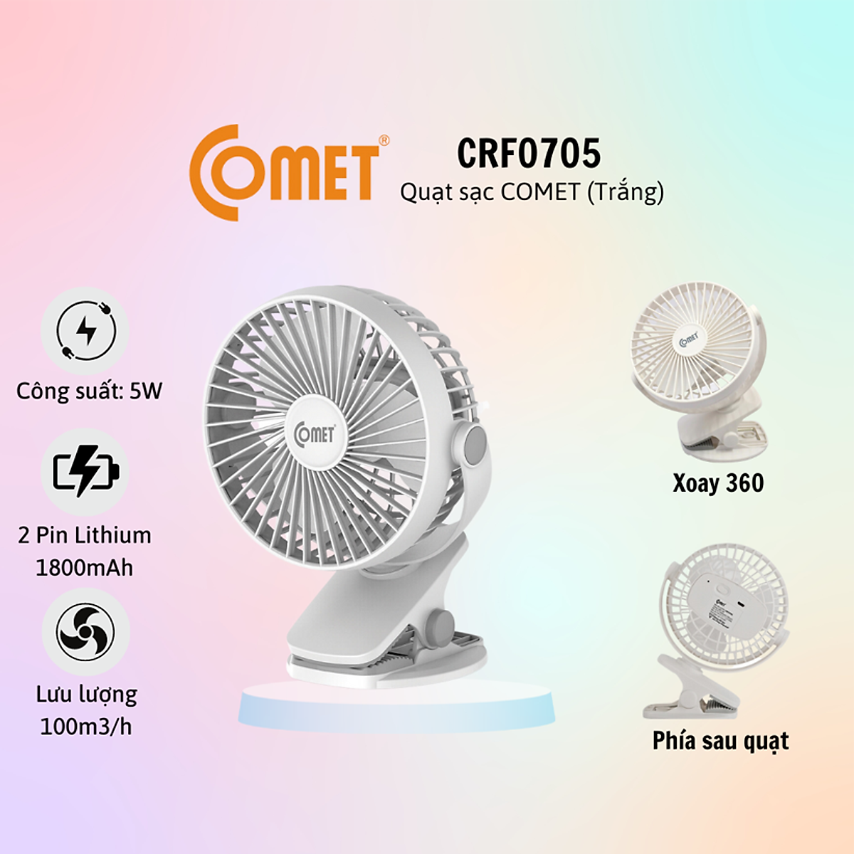 Quạt Kẹp Sạc Mini Tích Điện Comet Xoay 360 Độ CRF0705 (5W) - Hàng chính hãng