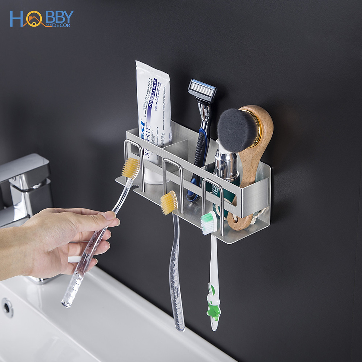 Kệ đựng bàn chải đánh răng 3 ngăn dán tường nhà tắm đa năng Hobby home decor CD4M loại inox 304 kèm keo dán dính