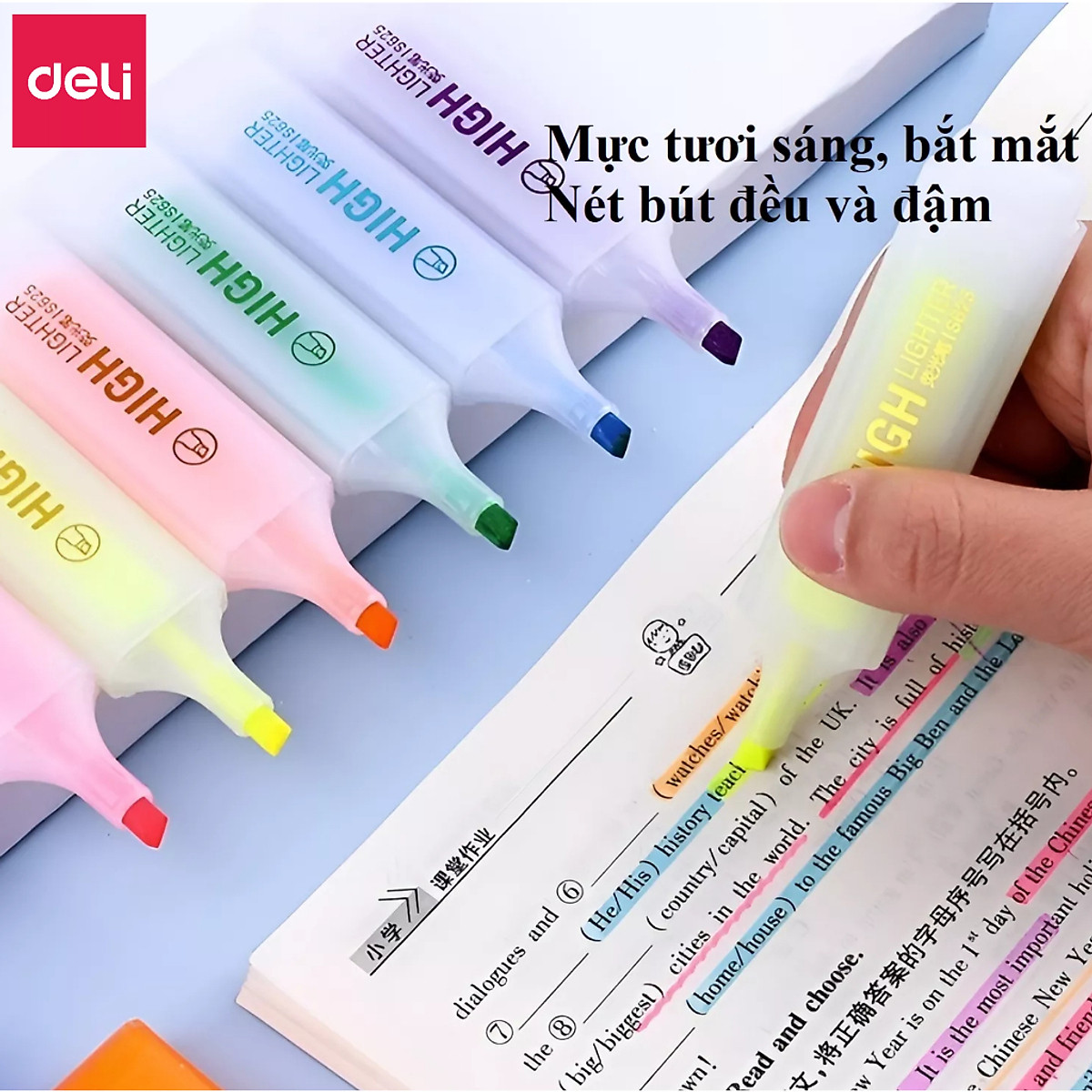 Bút highlight nhấn dòng dạ quang Deli - Cam/ Vàng/ Xanh Lá/ Hồng/ Xanh Dương - S625