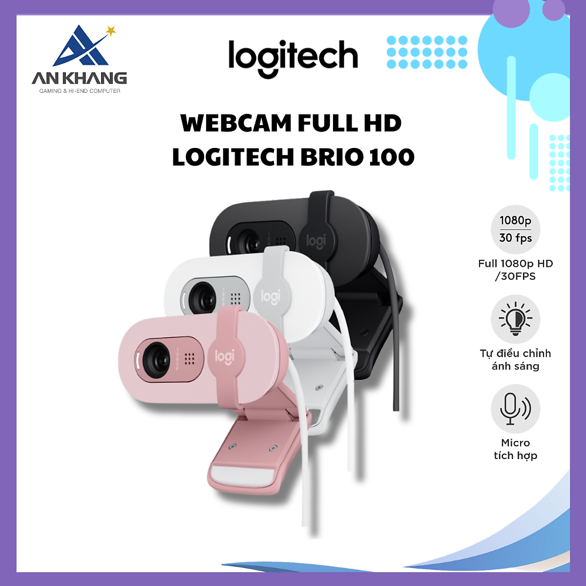 Webcam Full HD Logitech Brio 100 - Cân bằng ánh sáng, Mic, Màn chập, USB-A - Hàng Chính Hãng - Bảo Hành 12 Tháng