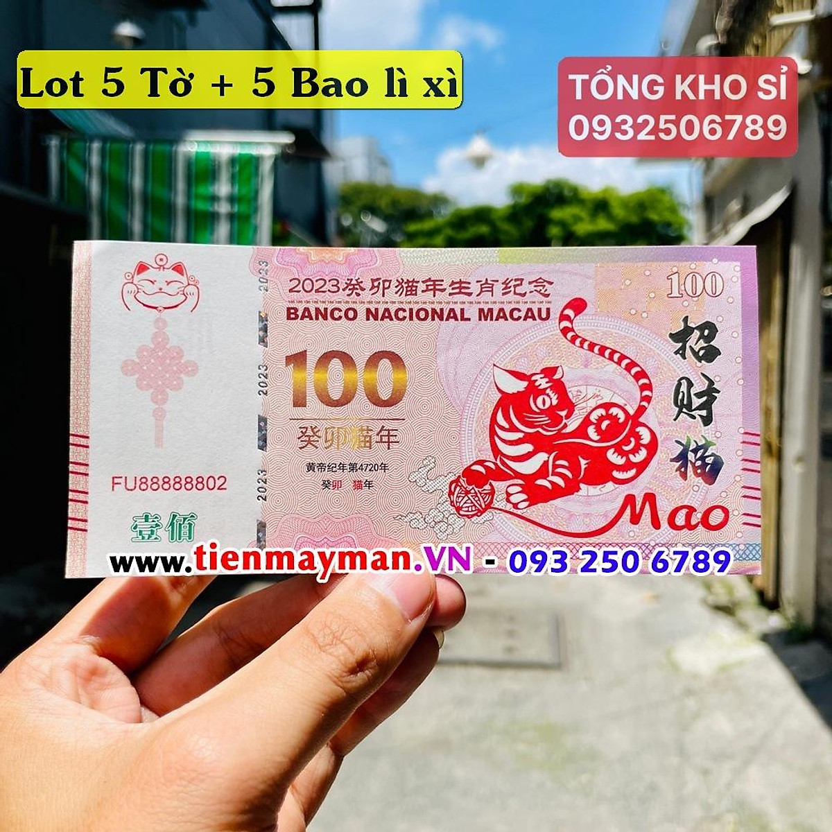 Combo 5 tờ tiền hình Mèo 100 Macao lưu niệm + bao lì xì may mắn