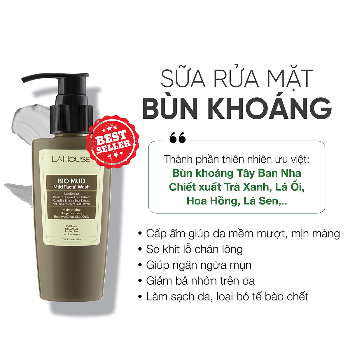 Sữa rửa mặt bùn khoáng loại bỏ tế bào da chết Lá House Bio Mud Mild Facial Wash 50ml/150ml
