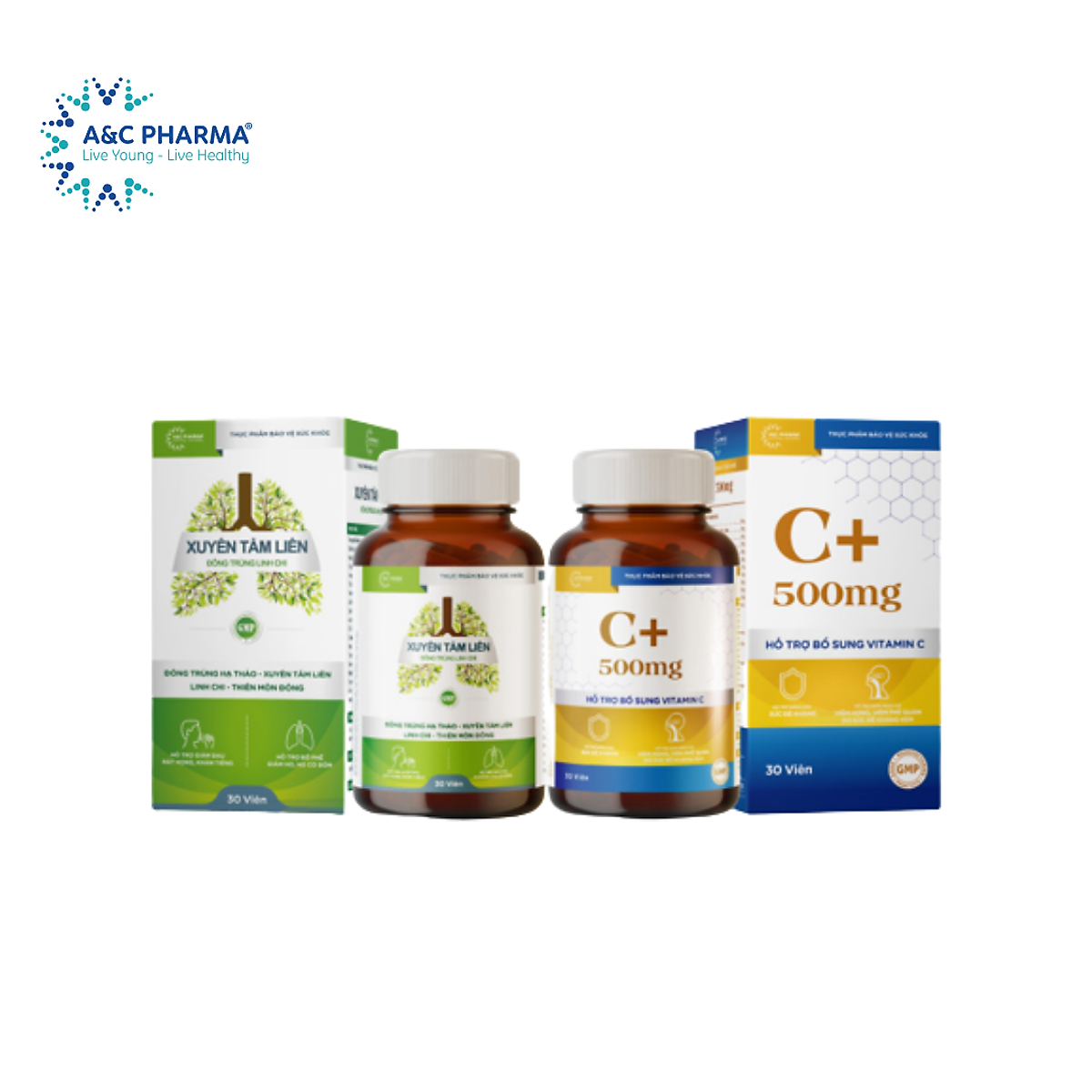 A&C Pharma Combo Bảo vệ sức khỏe: Xuyên tâm liên Đông trùng Linh chi và Vitamin C+ 500mg 3in1