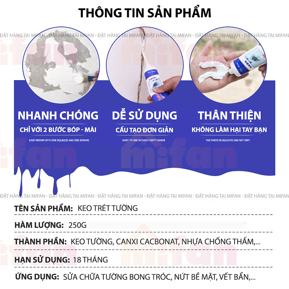 Keo Vá Tường Chống Thấm LKB 250gr - Trám Trét Vết Nứt Khe Hở Tường - Chống Mốc Ẩm Làm Sạch Tường - Mifan Hàng Chính Hãng