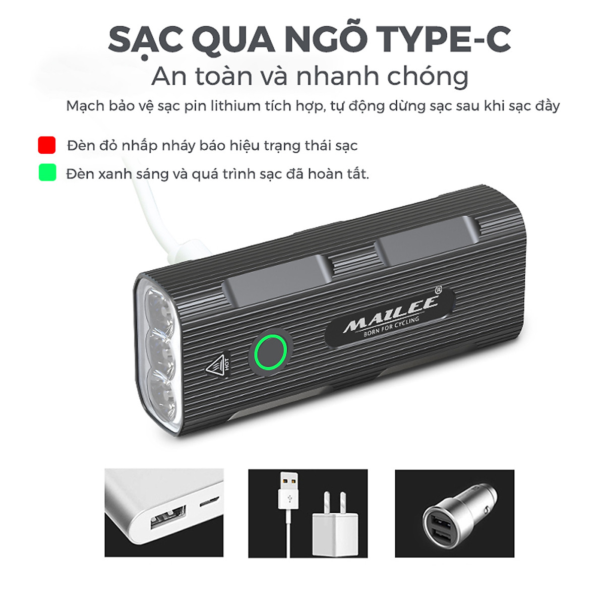 Đèn Trước Xe Đạp Chiếu Sáng Cao Cấp Chống Nước P-023 dung lượng 5200mAh Gắn tay lái, sạc Type-C, sáng max 10h, Có Hỗ trợ Sạc Khẩn Cấp - Mai Lee