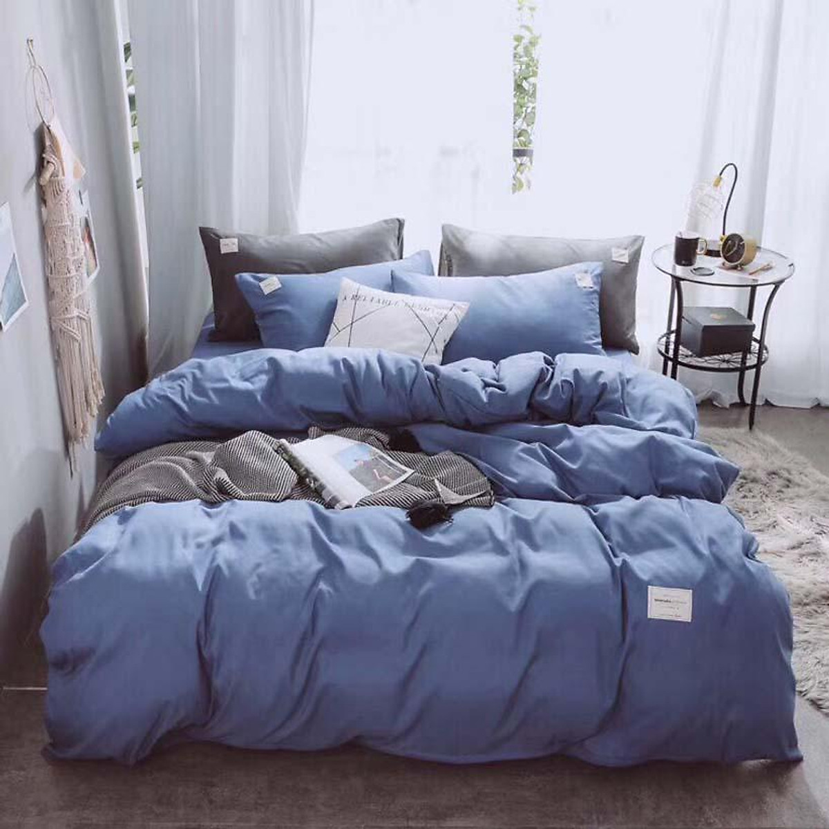 Bộ Chăn Ga Gối Cotton Tici Đơn Sắc LIDACO - Xanh Biển
