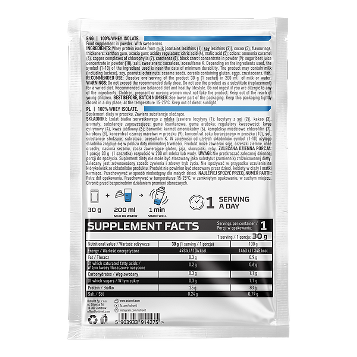 Sữa Bột Whey Protein Isolate OstroVit 30g/Gói, Set 5 Gói | Nhập khẩu Ba Lan