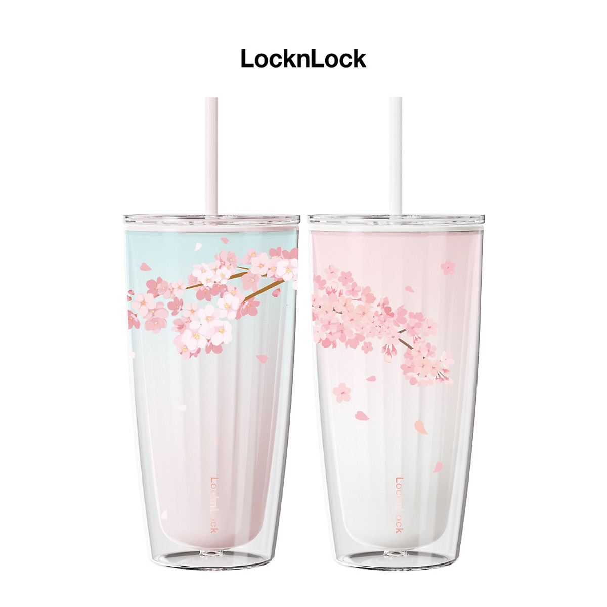 Ly nhựa 2 lớp Cherry Blossom Double wall Cold Cup LocknLock HAP522 - Kèm ống hút - Dung tích 750ml